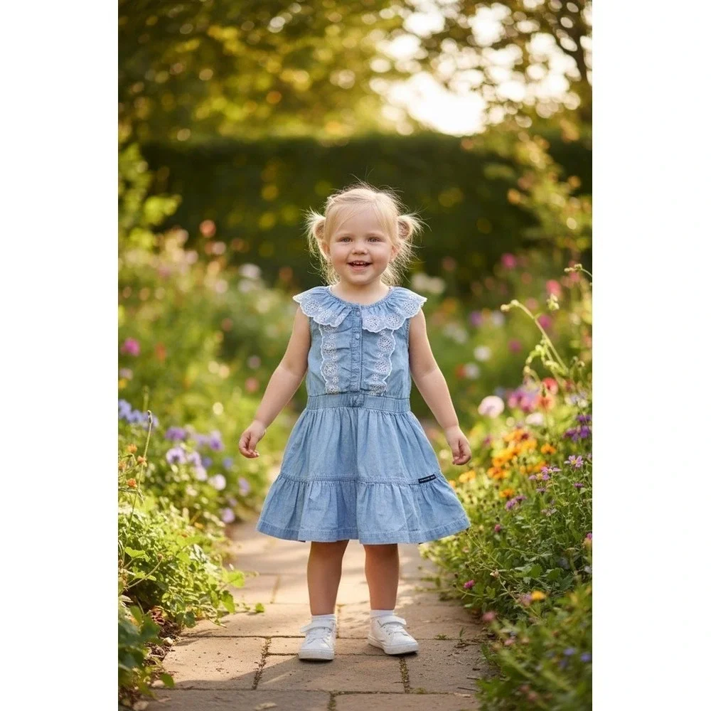 Calvin Klein Jeans Dress Girls 4T Blue Tiered Fit & Flare Eyelet Lace chambray
